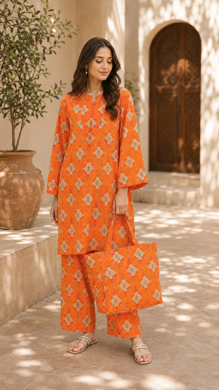Orange Geometric Printed 3-Piece
