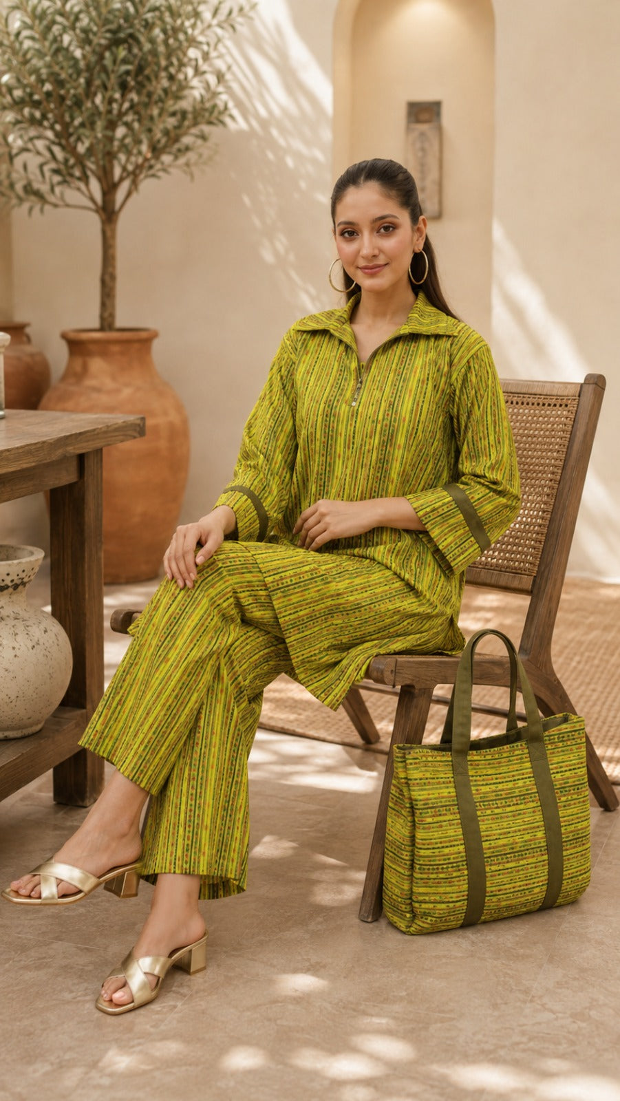 Lime Green Striped Printed 3-Piece