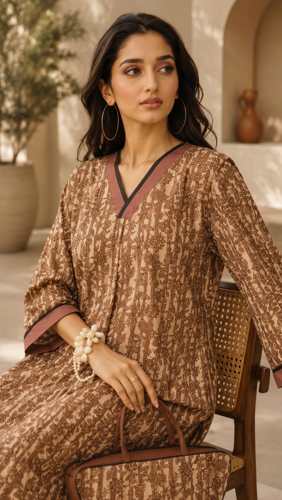 Beige Brown Block Printed 3-Piece