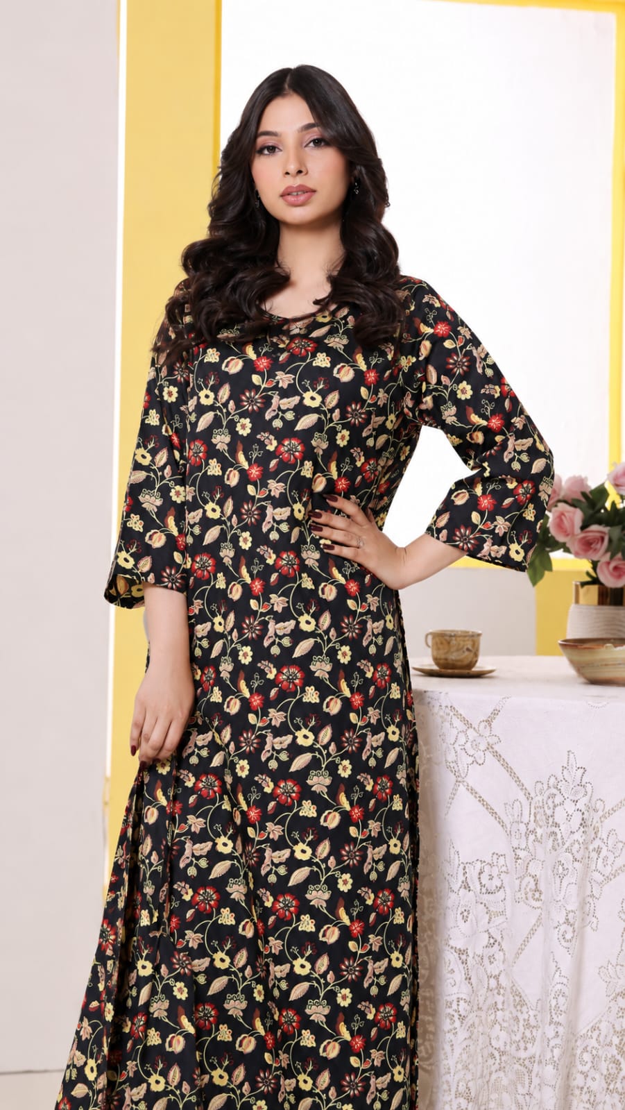 Black Vine-Printed 3-Piece