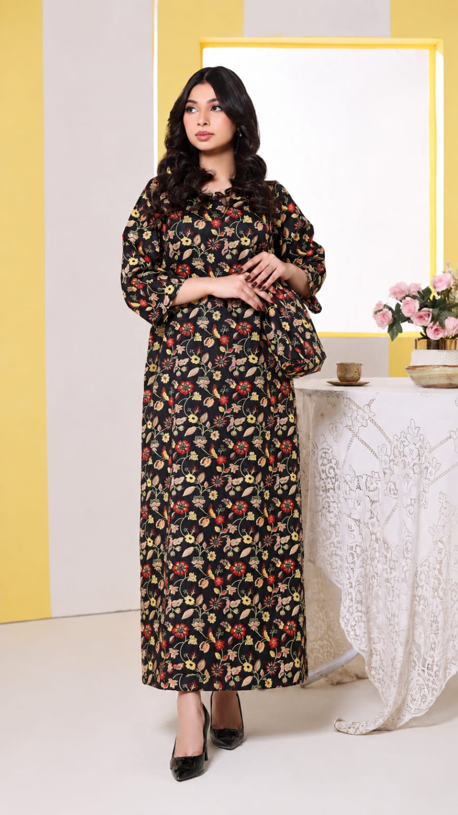 Black Vine-Printed 3-Piece