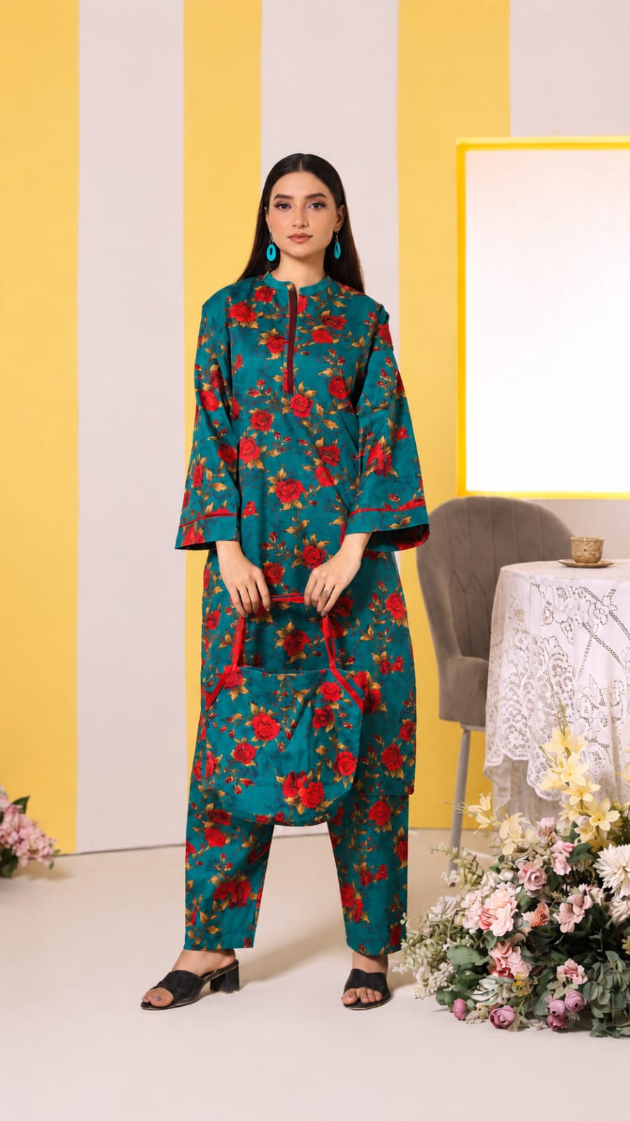 Teal Rose Printed 3-Piece