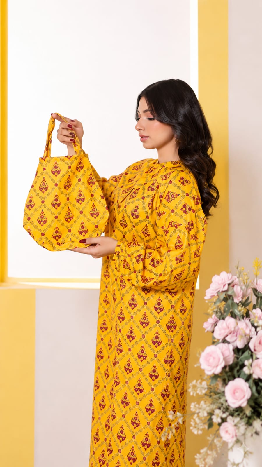 Golden Yellow Printed 3-Piece Suit
