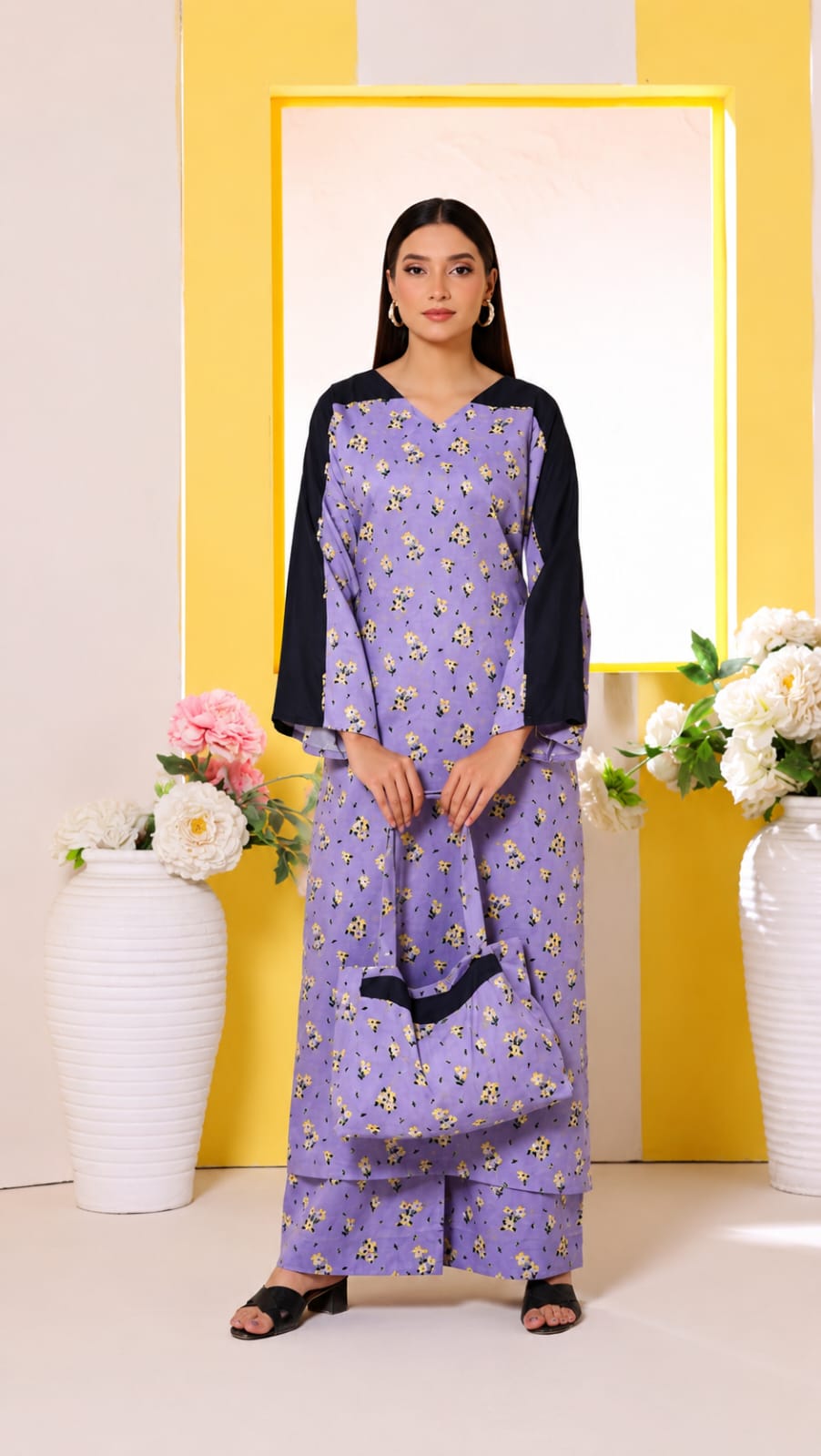 Lavender Printed 3-Piece with Navy Contrast