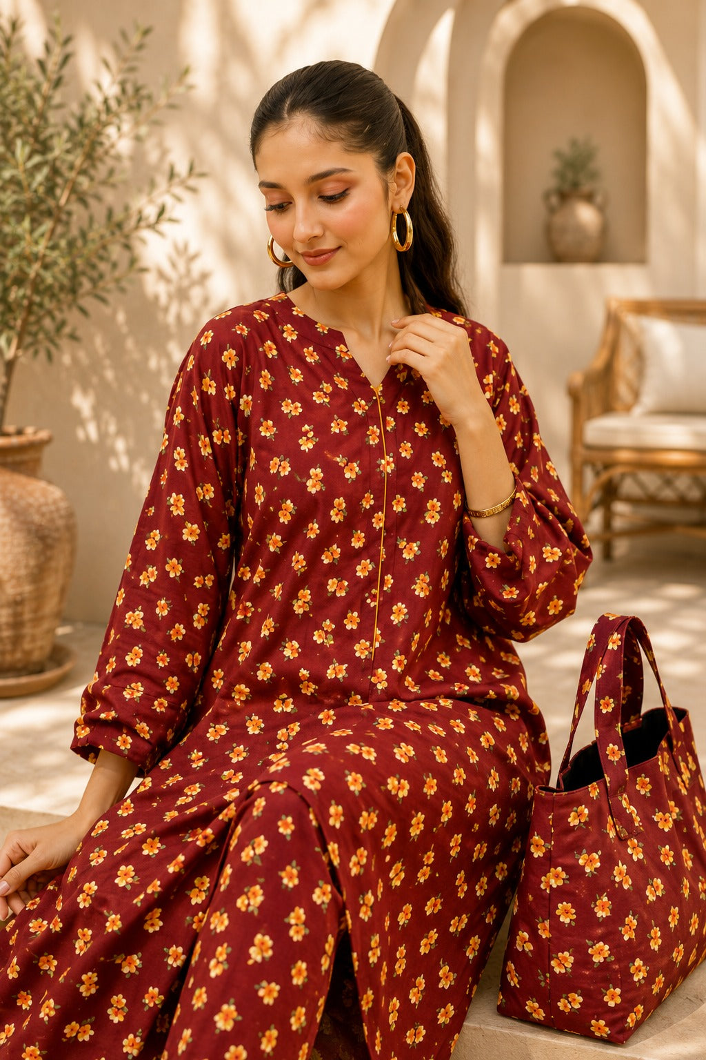 Rust Floral Printed 3-Piece
