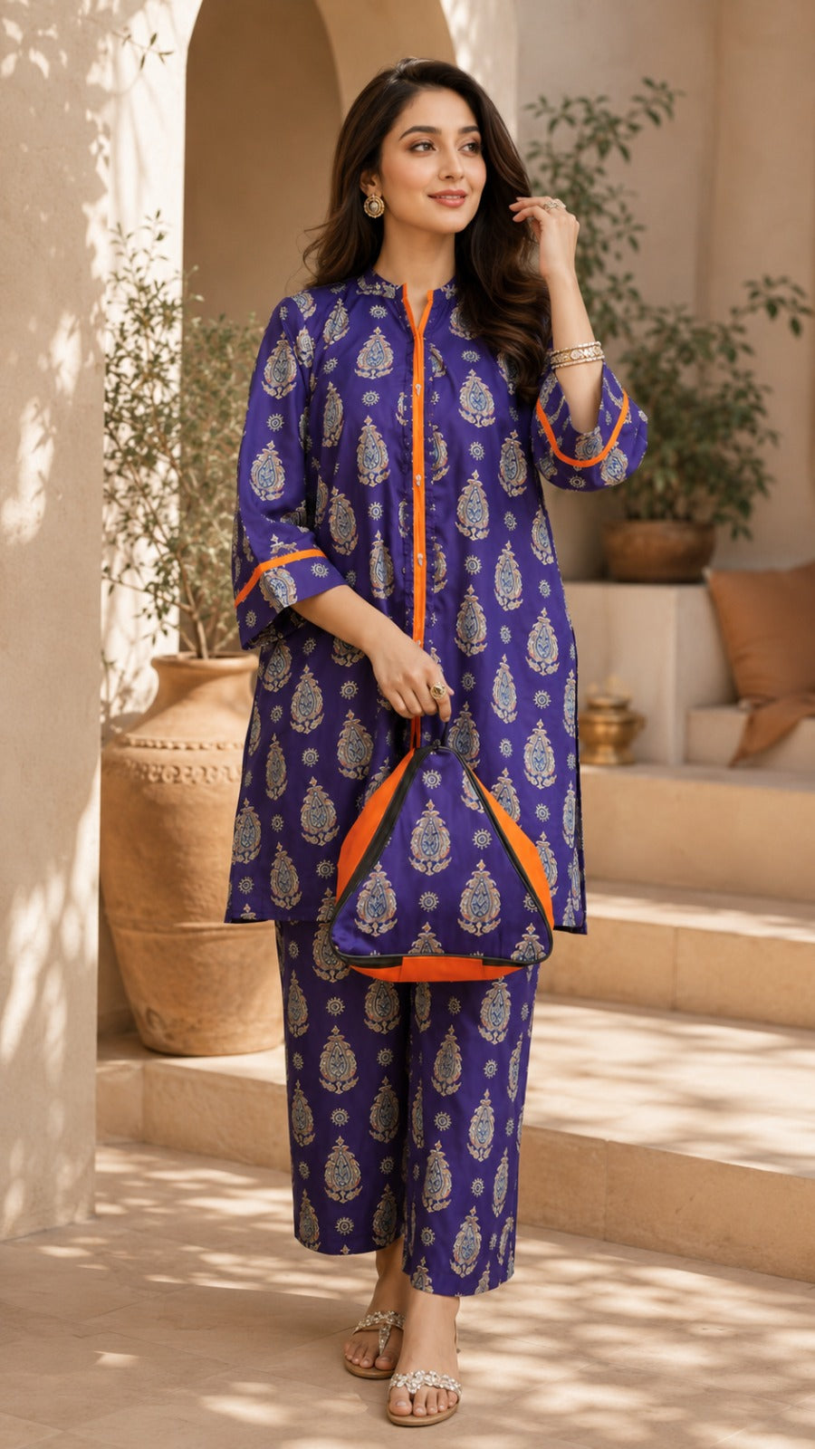 Purple Ajrak Printed 3-Piece