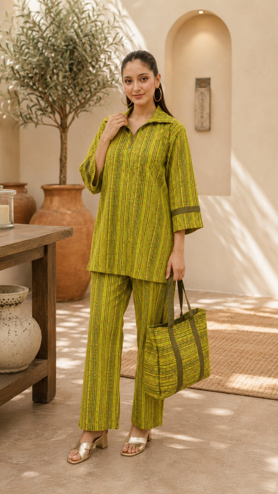 Lime Green Striped Printed 3-Piece