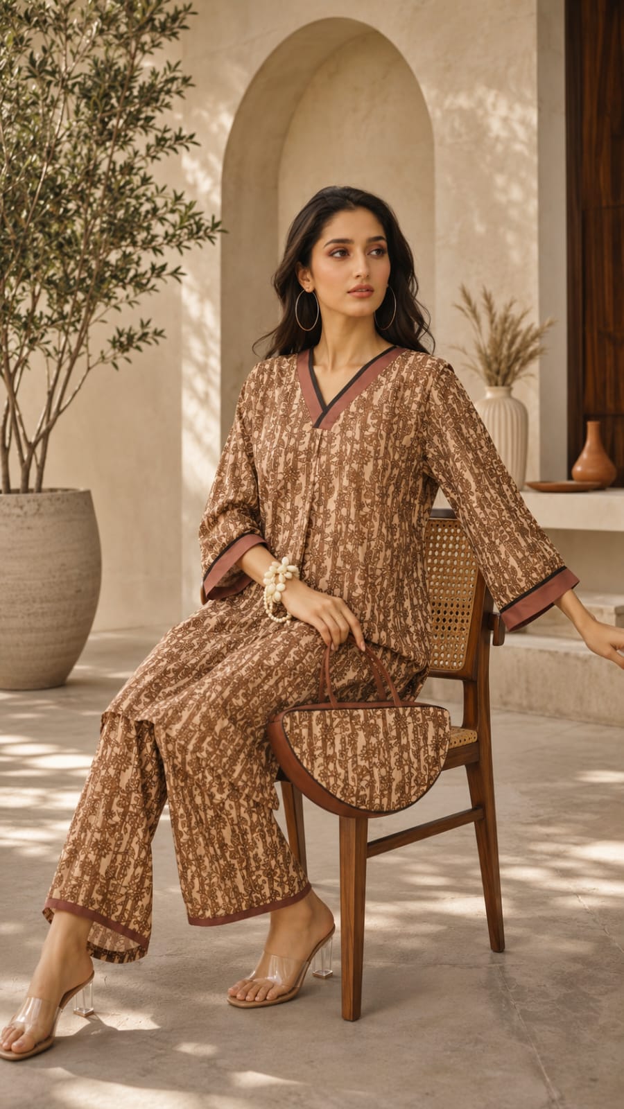 Beige Brown Block Printed 3-Piece