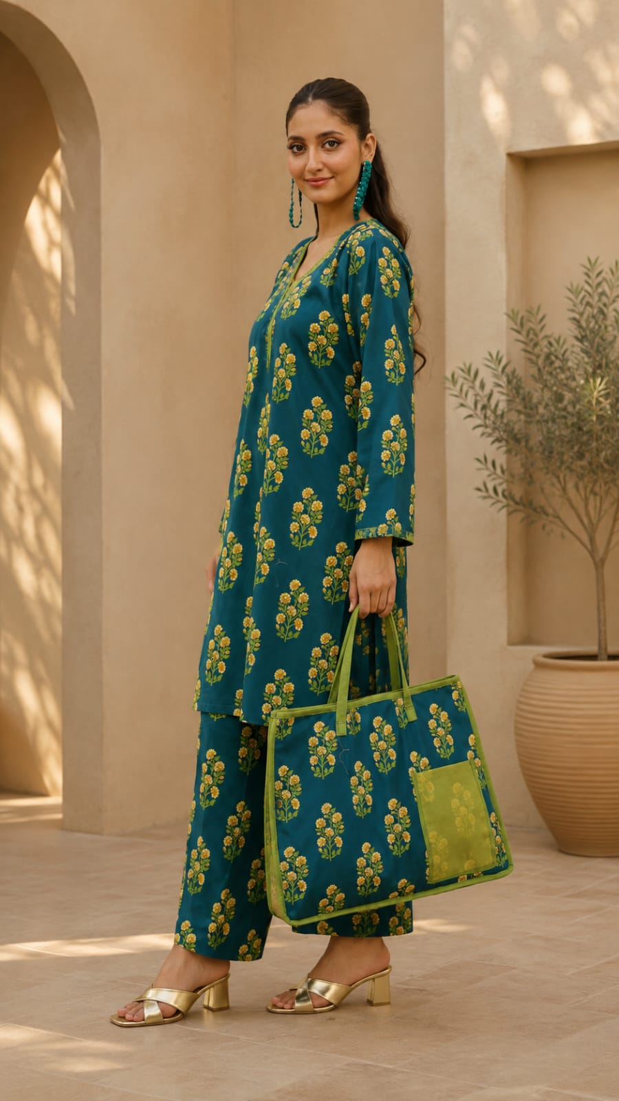 Teal Floral Printed 3-Piece