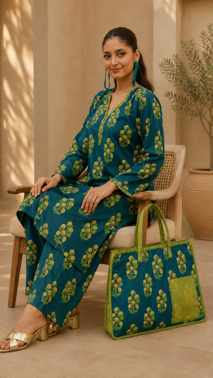Teal Floral Printed 3-Piece