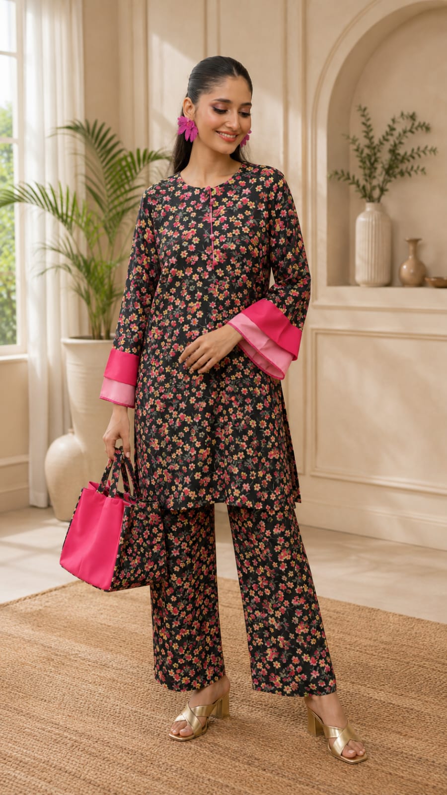 Black Pink Floral Printed 3-Piece