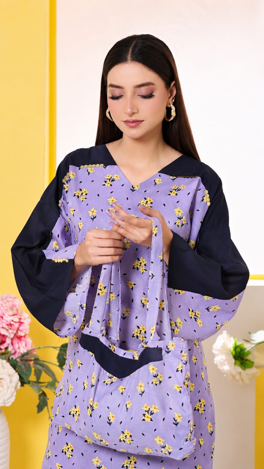 Lavender Printed 3-Piece with Navy Contrast